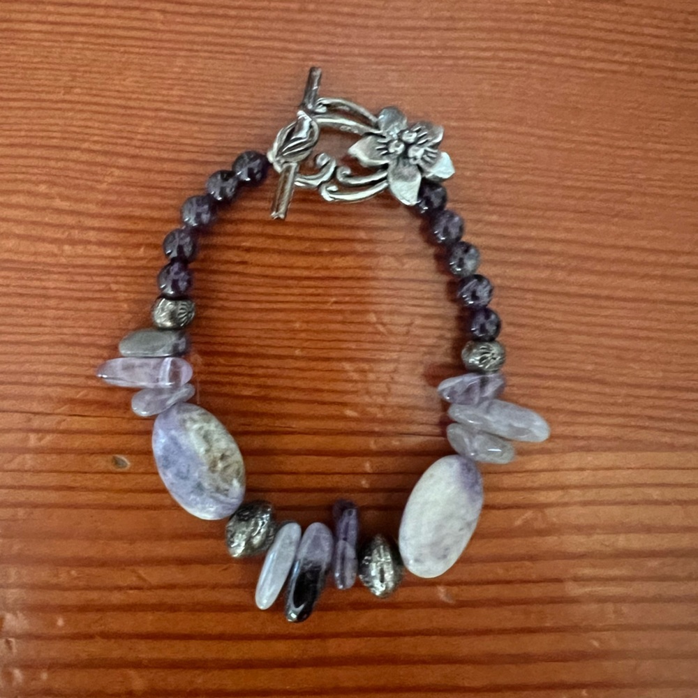 Amethyst Crystal Bracelet with Silver Floral Toggle Clasp